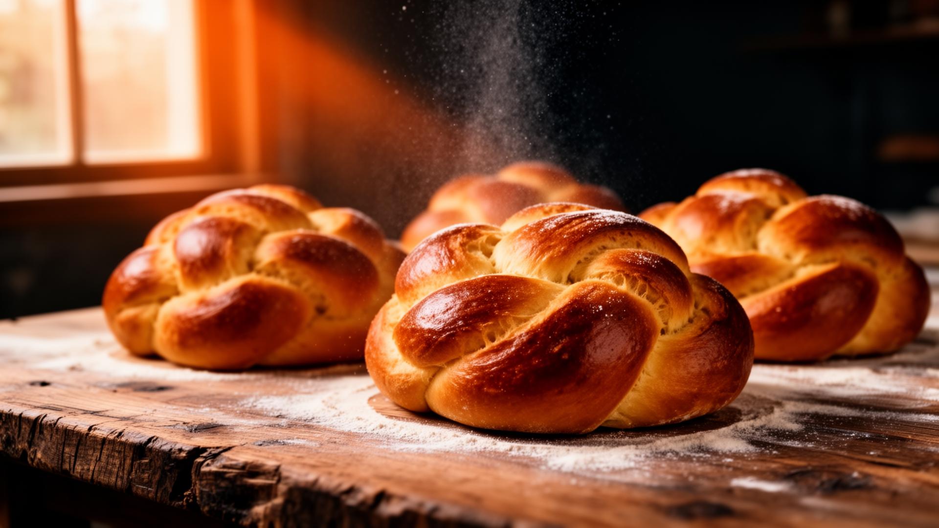 Freshly baked challah loaves on a wooden table at Schreiber's